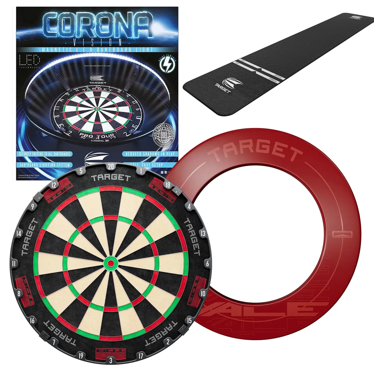 TARGET TOR DARTBOARD BOARD + CORONA LIGHT + WORLD CHAMION MAT + VALE SURROUND BUNDLE